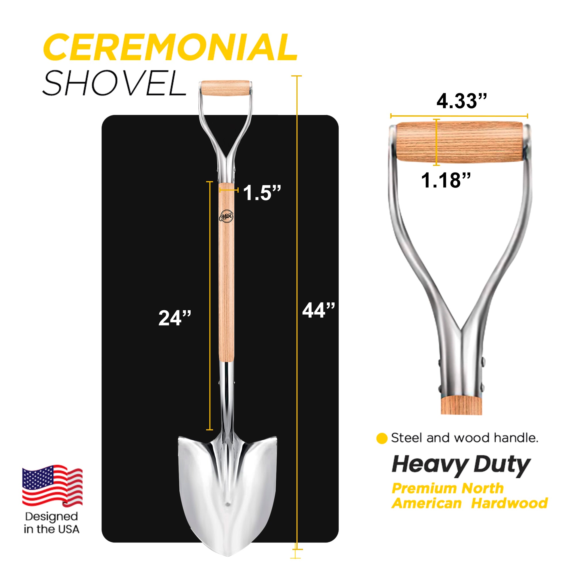 MWC Polished Chrome Ceremonial Shovel with Steel/Wood D-Handle