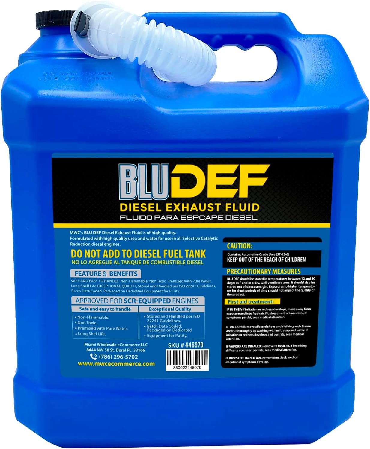 MWC BLUE DEF is a safe, easy-to-handle nontoxic solution of 67.5% water and 32.5% automotive grade urea. It is a stable fluid that is colorless and odorless.