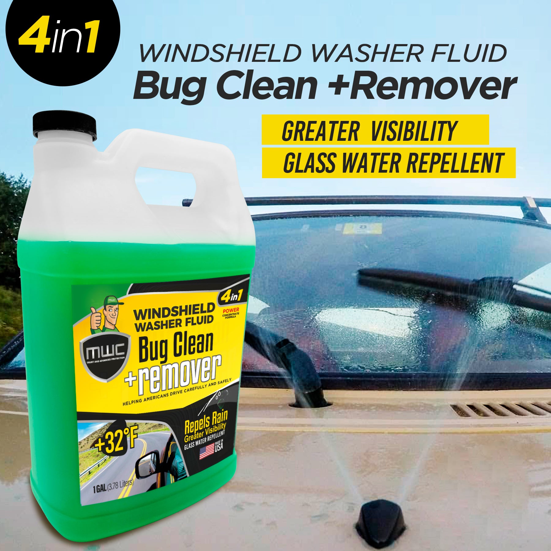 MWC Windshield Washer Fluid, Ready to Use, Removes dirt, Safe for the  environment, Removes grime, Streak Free Glass Cleaner,+ 32°F, 1 Gallon  (3.78